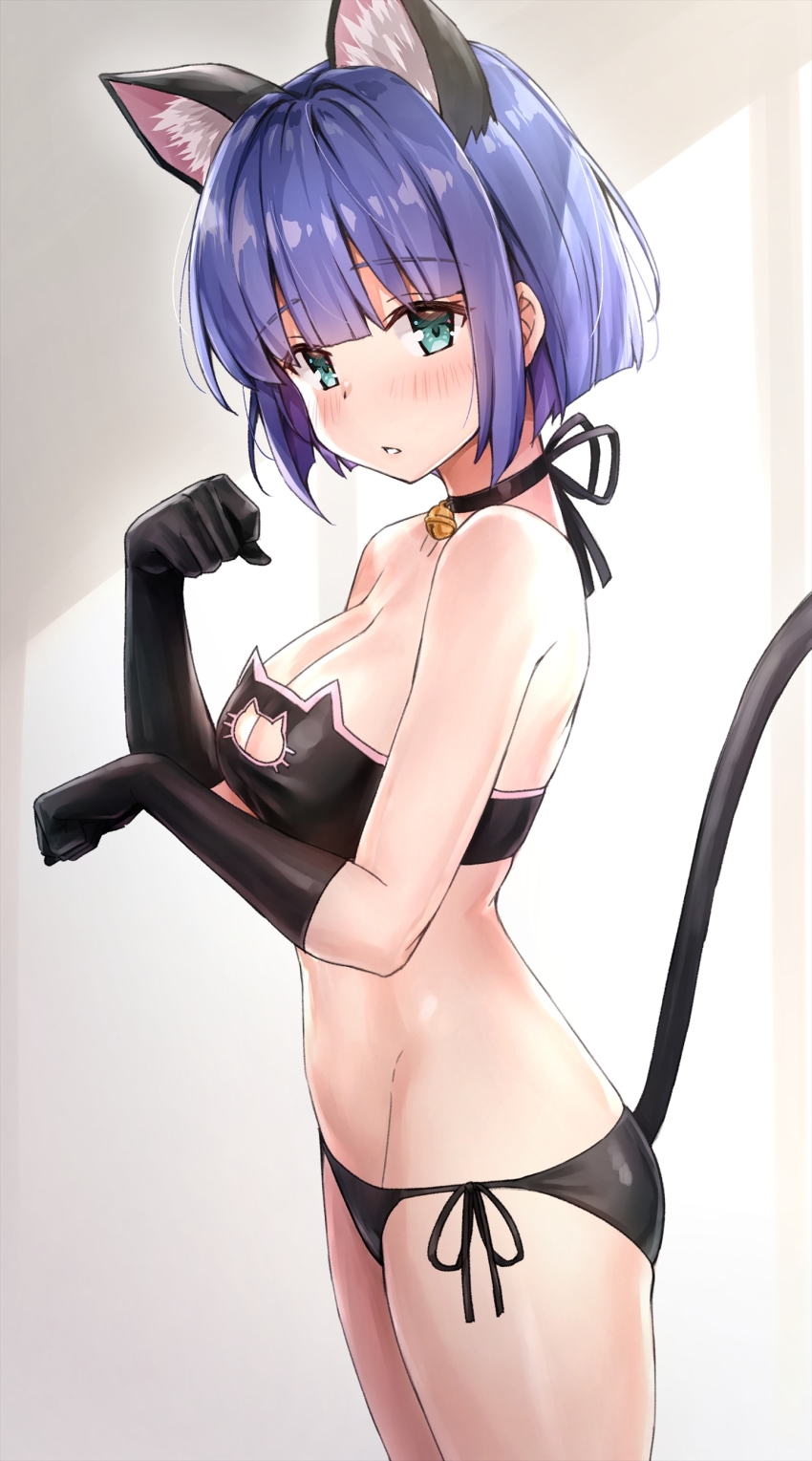 1girl absurdres animal_ear_fluff animal_ears bare_shoulders bell black_bra black_gloves black_lingerie black_panties blunt_bangs bra breasts cat_cutout cat_day cat_lingerie cat_tail cleavage clothing_cutout commentary cowboy_shot eyelashes fake_animal_ears fake_tail gloves green_eyes highres izumi_hina_(neet_kunoichi) koyuki_(kotatsu358) lingerie looking_at_viewer medium_breasts meme_attire neck_bell neet_de_otaku_na_kunoichi_to_naze_ka_dousei_hajimemashita panties parted_lips paw_pose petite purple_hair short_hair side-tie_panties solo strapless strapless_bra tail underwear