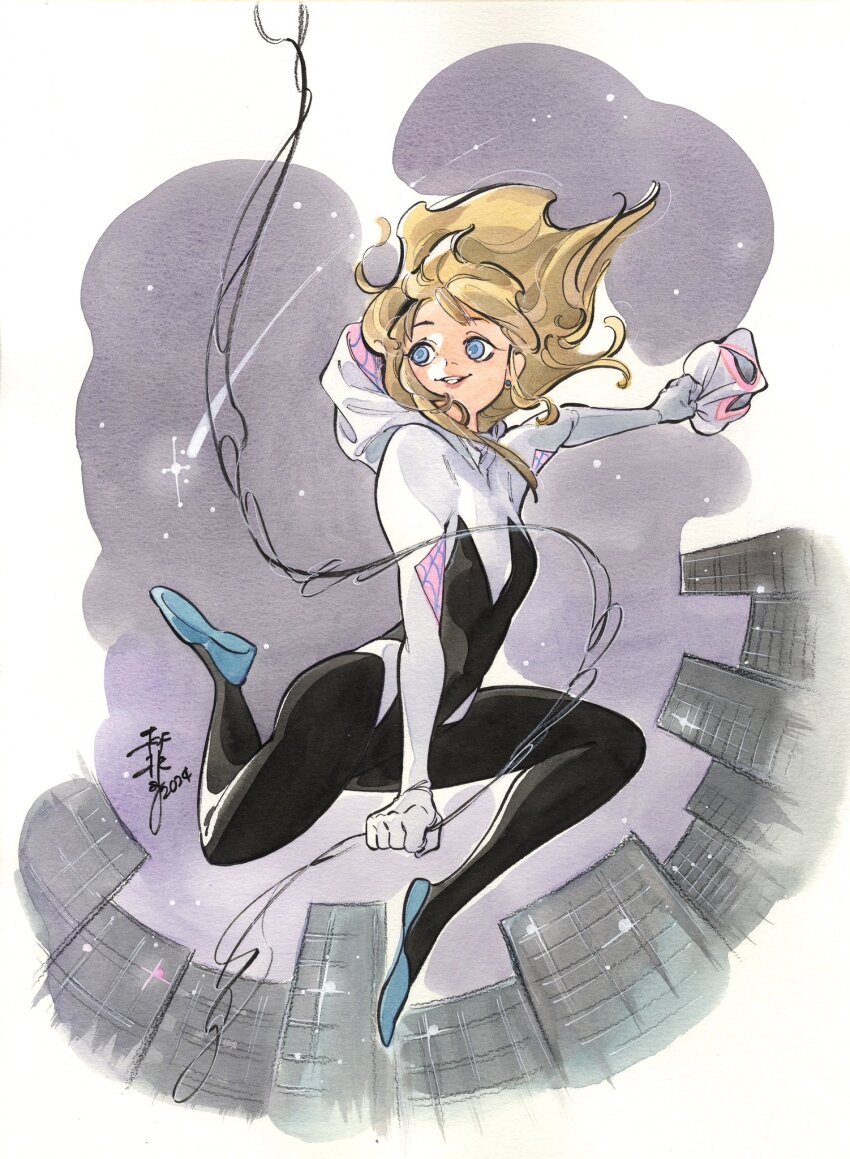 1girl black_bodysuit blonde_hair blue_shoes bodysuit building highres marvel mask multicolored_bodysuit peach_momoko shoes shooting_star silk smile spider-gwen spider-man_(series) spider_web superhero_costume white_background