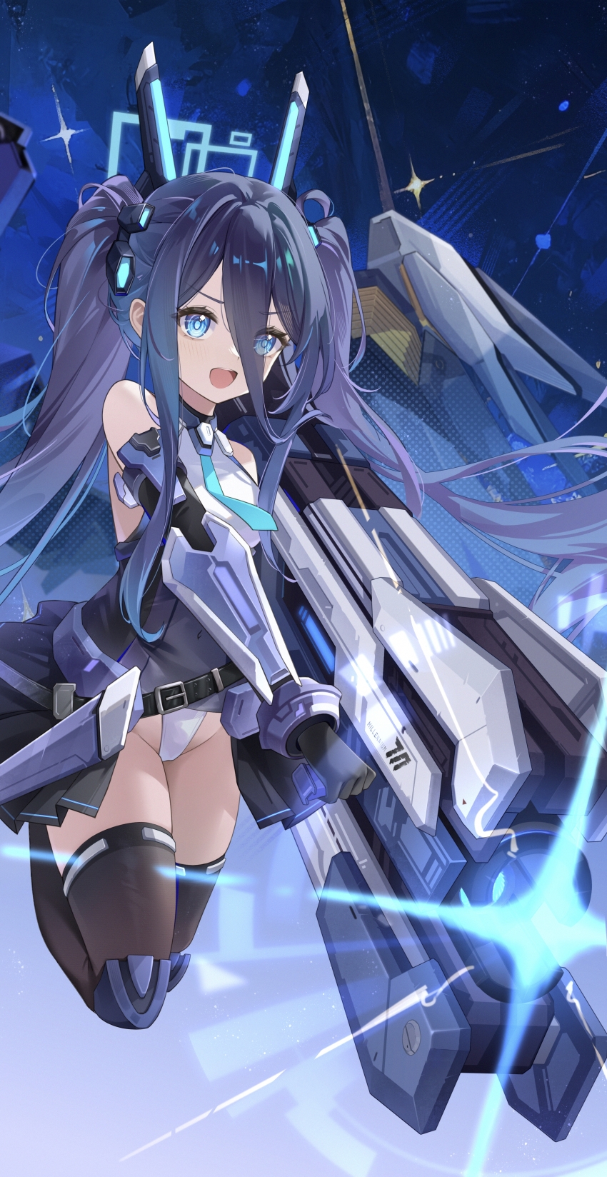 1girl :d absurdly_long_hair absurdres aqua_eyes aqua_halo aqua_necktie aris_(blue_archive) aris_(mecha_suit)_(blue_archive) backless_leotard bare_shoulders belt belt_buckle black_belt black_gloves black_skirt black_thighhighs blue_archive bracer breasts bright_pupils buckle chinese_commentary commentary_request covered_navel double-parted_bangs elbow_gloves eyelashes eyes_visible_through_hair floating floating_hair floating_neckwear full_body gloves groin gun hair_behind_ear hair_between_eyes halo highleg highleg_leotard highres holding holding_gun holding_weapon huge_weapon knee_pads legs_up lens_flare leotard long_bangs long_hair long_hair_between_eyes long_sidelocks looking_at_viewer mecha_musume mechanical_wings millennium_science_school_logo multicolored_leotard necktie official_alternate_costume official_alternate_hairstyle open_mouth outstretched_arm pleated_skirt purple_hair railgun rectangular_halo ringed_eyes sidelocks skirt small_breasts smile solo sparkle teeth thighhighs thighs twintails upper_teeth_only v-shaped_eyebrows very_long_hair weapon white_leotard wings yangyu_tudou_vv