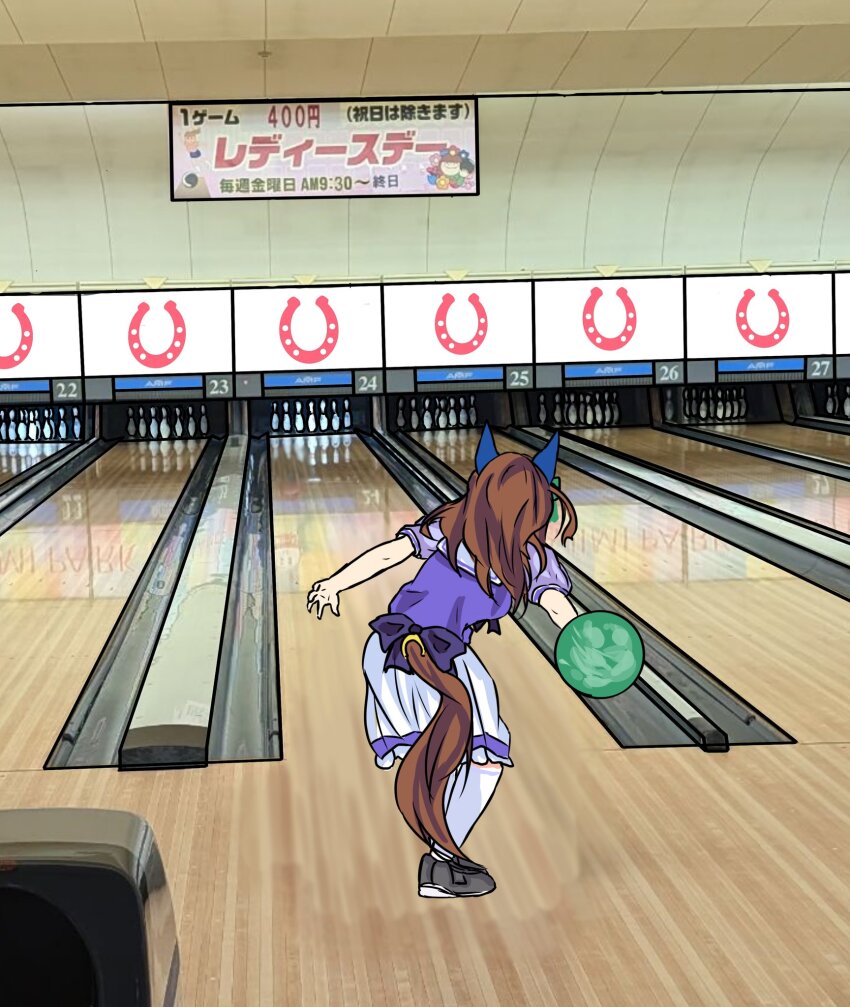 132109chisato 1girl animal_ears ball bowling bowling_alley bowling_ball bowling_pin brown_hair ceiling ear_covers hair_ribbon highres horse_ears horse_girl horse_tail horseshoe king_halo_(umamusume) poster_(object) ribbon school_uniform solo tail tracen_school_uniform umamusume wooden_floor