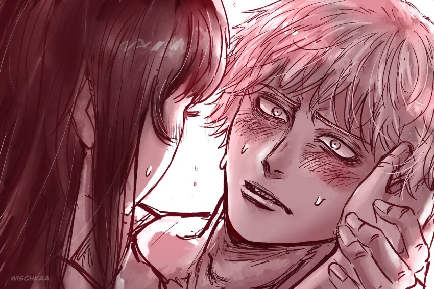 1boy 1girl artist_name backlighting blush chainsaw_man commentary denji_(chainsaw_man) english_commentary hand_on_another&#039;s_cheek hand_on_another&#039;s_face hetero highres mitaka_asa red_theme sharp_teeth sweat teeth wischkaa