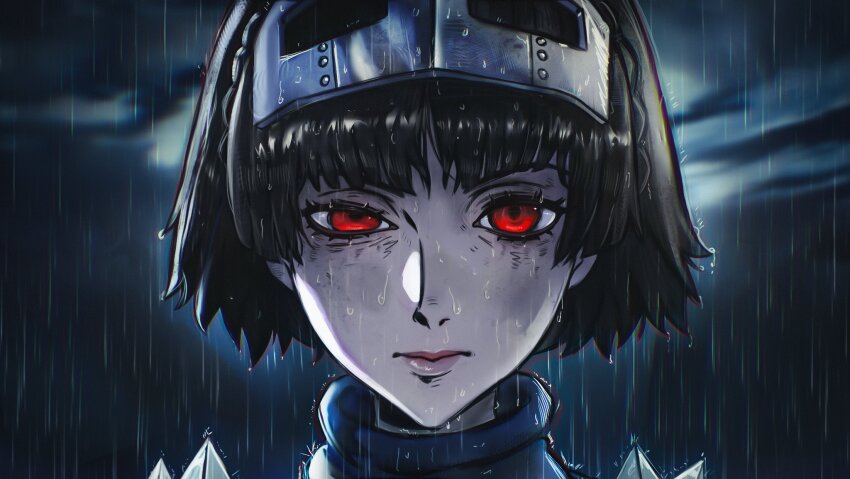 1girl bodysuit brown_hair chapinor facing_viewer highres looking_at_viewer mask mask_on_head medium_hair niijima_makoto outdoors persona persona_5 portrait queen_(persona_5) rain red_eyes red_lips solo spiked_shoulder_pads wet