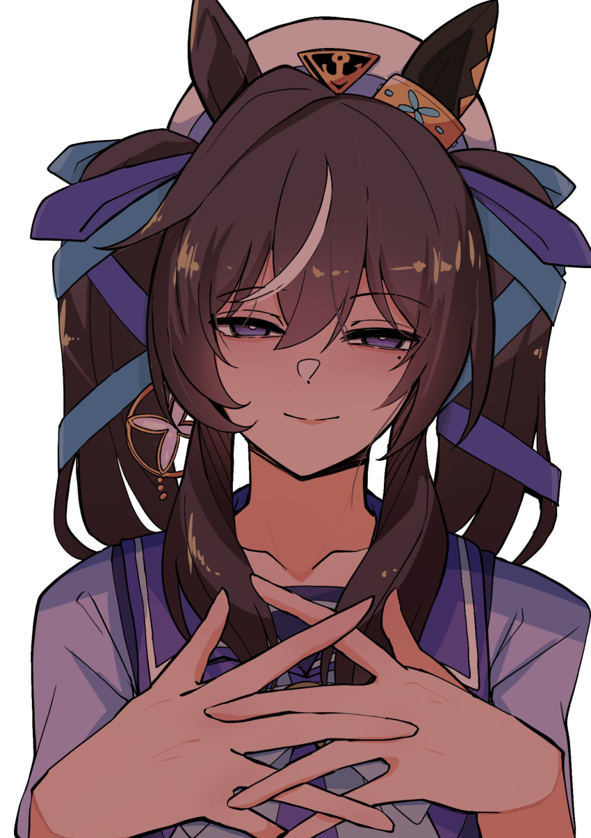 1girl anchor_necklace animal_ears bags_under_eyes black_eyeliner blue_eyes blue_hair bow bowtie brown_hair collarbone dark_blue_hair ear_covers ear_ornament earrings ears_through_headwear eyelashes eyeliner hair_between_eyes half-closed_eyes hat highres horse_ears horse_girl jewelry kawamochi_(tddm3573) light_smile long_hair looking_at_viewer makeup multicolored_hair necklace own_hands_together purple_bow purple_sailor_collar purple_serafuku purple_shirt sailor_collar sailor_hat school_uniform serafuku shirt short_sleeves simple_background umamusume vivlos_(umamusume)