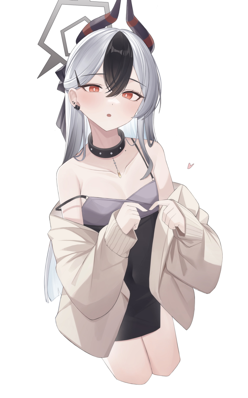 1girl absurdres black_choker black_dress black_hair black_horns blue_archive blush breasts choker collarbone demon_horns dress ear_piercing grey_halo hair_between_eyes halo highres horns jacket kayoko_(blue_archive) kayoko_(dress)_(blue_archive) long_hair long_sleeves looking_at_viewer mole mole_on_collarbone mole_on_neck multicolored_hair official_alternate_costume pang-yo piercing red_eyes simple_background solo strap_slip white_background white_hair