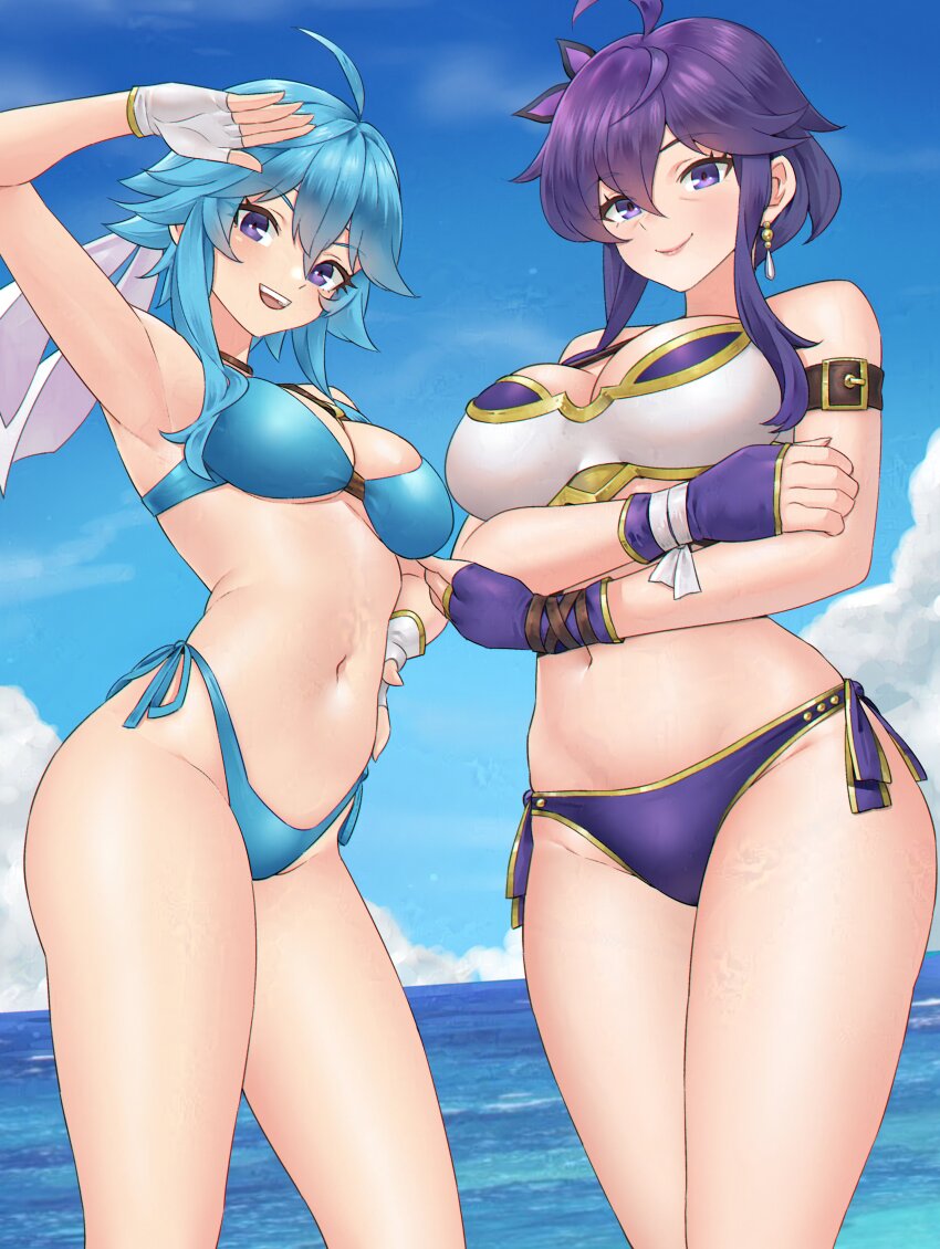 2girls absurdres ahoge arm_up armlet armor armpits beach bikini bikini_armor blue_bikini blue_hair breasts cleavage commission commissioner_upload crossed_arms day earrings fingerless_gloves fire_emblem fire_emblem:_genealogy_of_the_holy_war flower flower_on_head gloves headband highleg highleg_bikini highres if_they_mated igni_tion jewelry larcei_(fire_emblem) looking_at_viewer mother_and_daughter multiple_girls navel nintendo ocean original purple_eyes purple_hair selia_(mrtalkingdino) short_hair side-tie_bikini_bottom sidelocks smile stomach swimsuit thighs tomboy white_headband