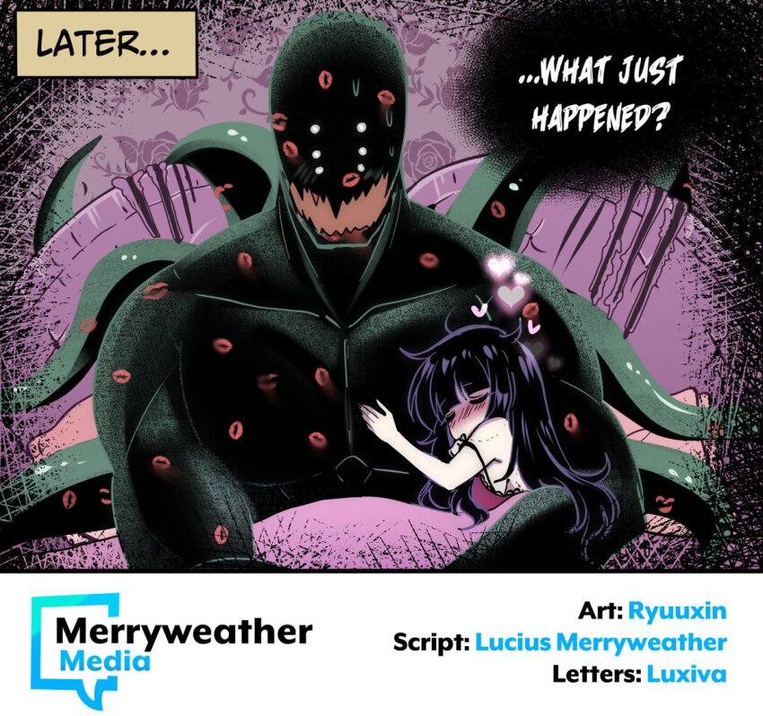 1girl bite_mark bite_mark_on_shoulder black_hair blush colored_speech_bubble english_text heart long_hair merryweather monster nightgown open_mouth original purple_nightgown ryuuxin sharp_teeth speech_bubble sweat teeth tentacles