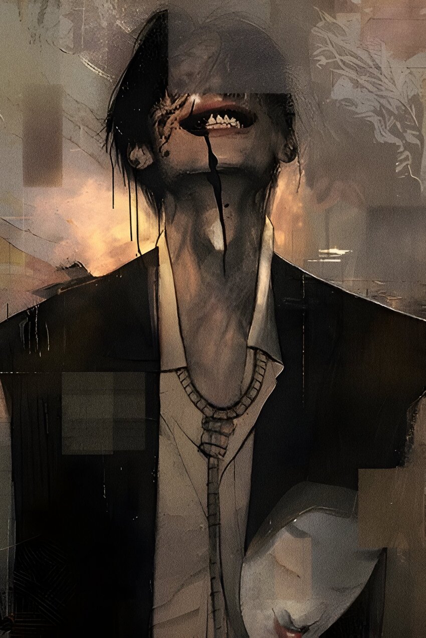 1boy black_hair blood blood_on_face choujin_x cleaned commentary derivative_work english_commentary evil_smile extra_eyes formal_clothes gums head_tilt highres ishida_sui looking_at_viewer male_focus mask noh_mask noh_mask_(choujin_x) noose noose_necktie official_art sample_watermark smile stitched_face stitches suit teeth third-party_edit watermark