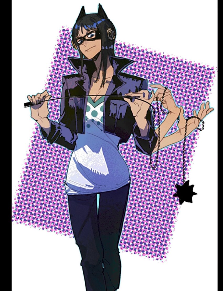 1girl black_hair blue_eyes closed_mouth cowboy_shot cropped_jacket denim extra_arms eye_mask hana_hana_no_mi hashtag-only_commentary highres holding holding_weapon jacket jeans leather leather_jacket looking_down medium_hair nico_robin nico_robin_(long_ring_long_land) one_piece onecata11 pants purple_background shirt smile solo weapon white_shirt