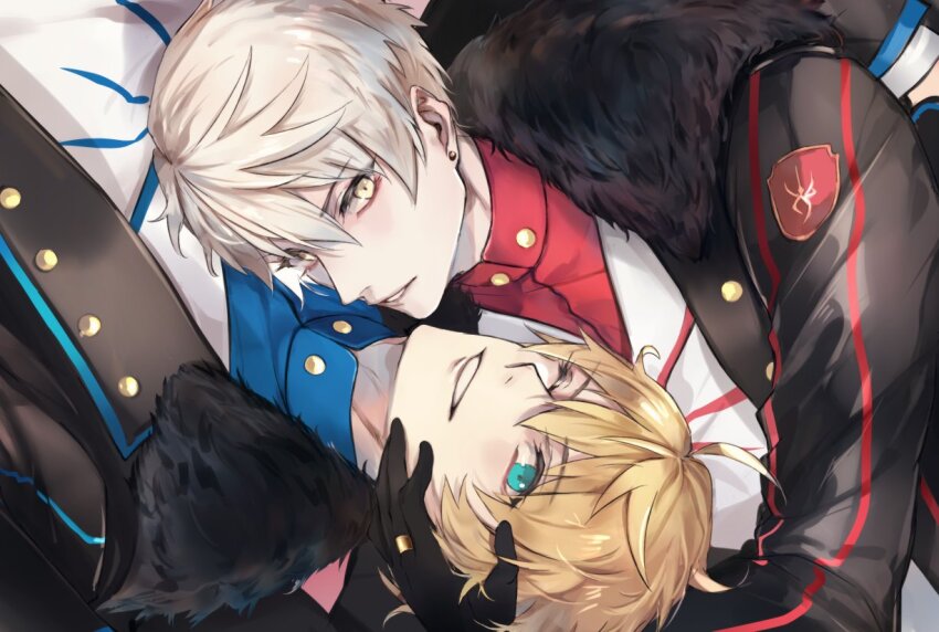 2boys ahoge aqua_eyes arthur_pendragon_(fate) arthur_pendragon_(star_of_camelot)_(fate) arthur_pendragon_alter_(fate) black_gloves black_jacket blonde_hair blue_shirt commentary dual_persona earrings emblem english_commentary fate/grand_order fate_(series) fur-trimmed_jacket fur_trim gloves gold_ring hair_between_eyes hand_on_another&#039;s_face jacket jewelry lapels long_sleeves looking_at_viewer male_focus mandarin_collar multiple_boys official_alternate_costume one_eye_closed open_clothes open_jacket pink_background pvc_parfait red_shirt shirt short_hair simple_background smile teeth upper_body vest white_hair white_vest yellow_eyes