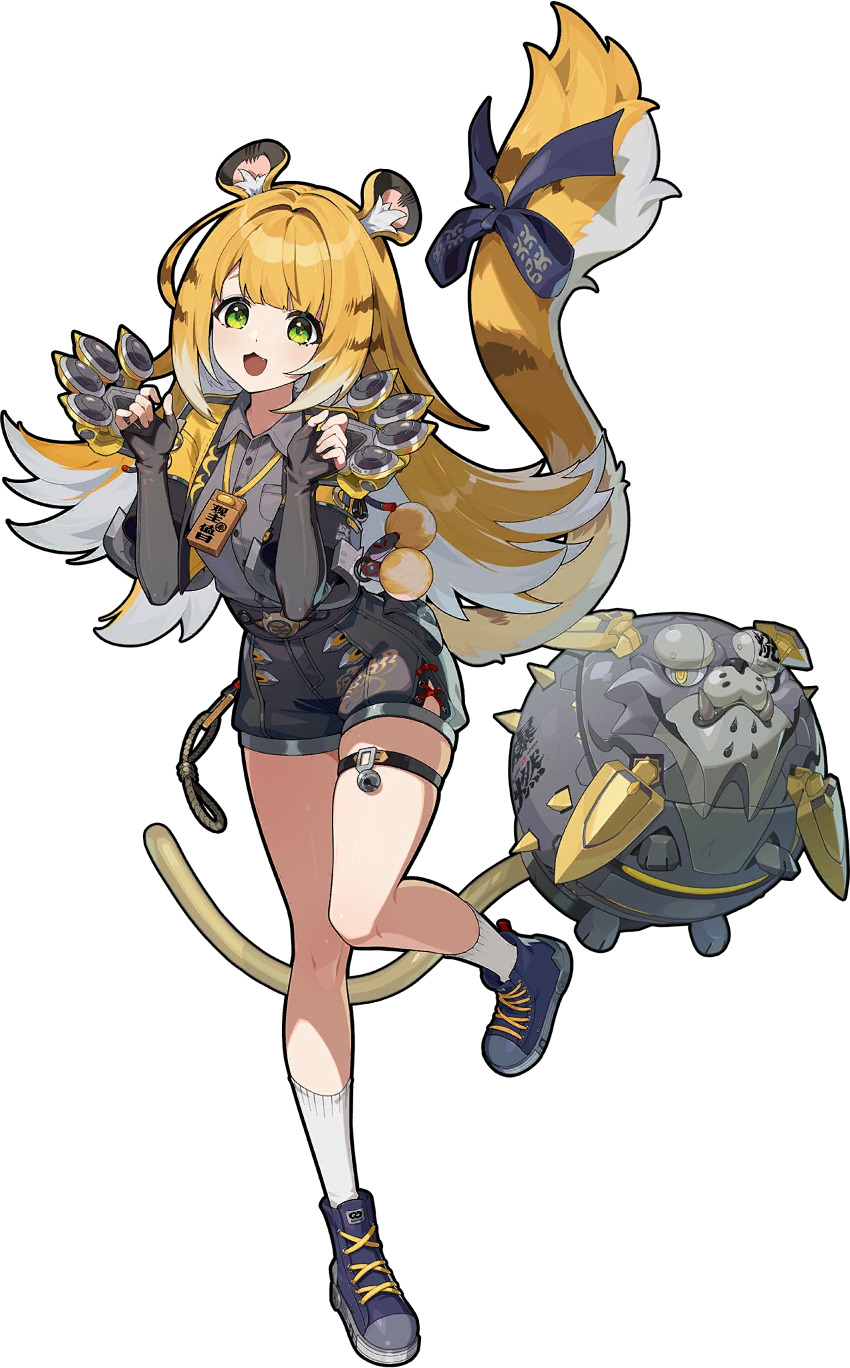 1girl absurdres animal_ears artist_request black_gloves black_shoes black_shorts blonde_hair blush copyright_logo cropped_jacket elbow_gloves fingerless_gloves gloves green_eyes highres jacket ju_fufu long_hair looking_at_viewer multicolored_hair o-ring o-ring_thigh_strap official_art open_mouth shoes shorts smile socks solo tail thigh_strap tiger_ears tiger_girl tiger_tail two-tone_hair white_hair white_socks yellow_jacket zenless_zone_zero