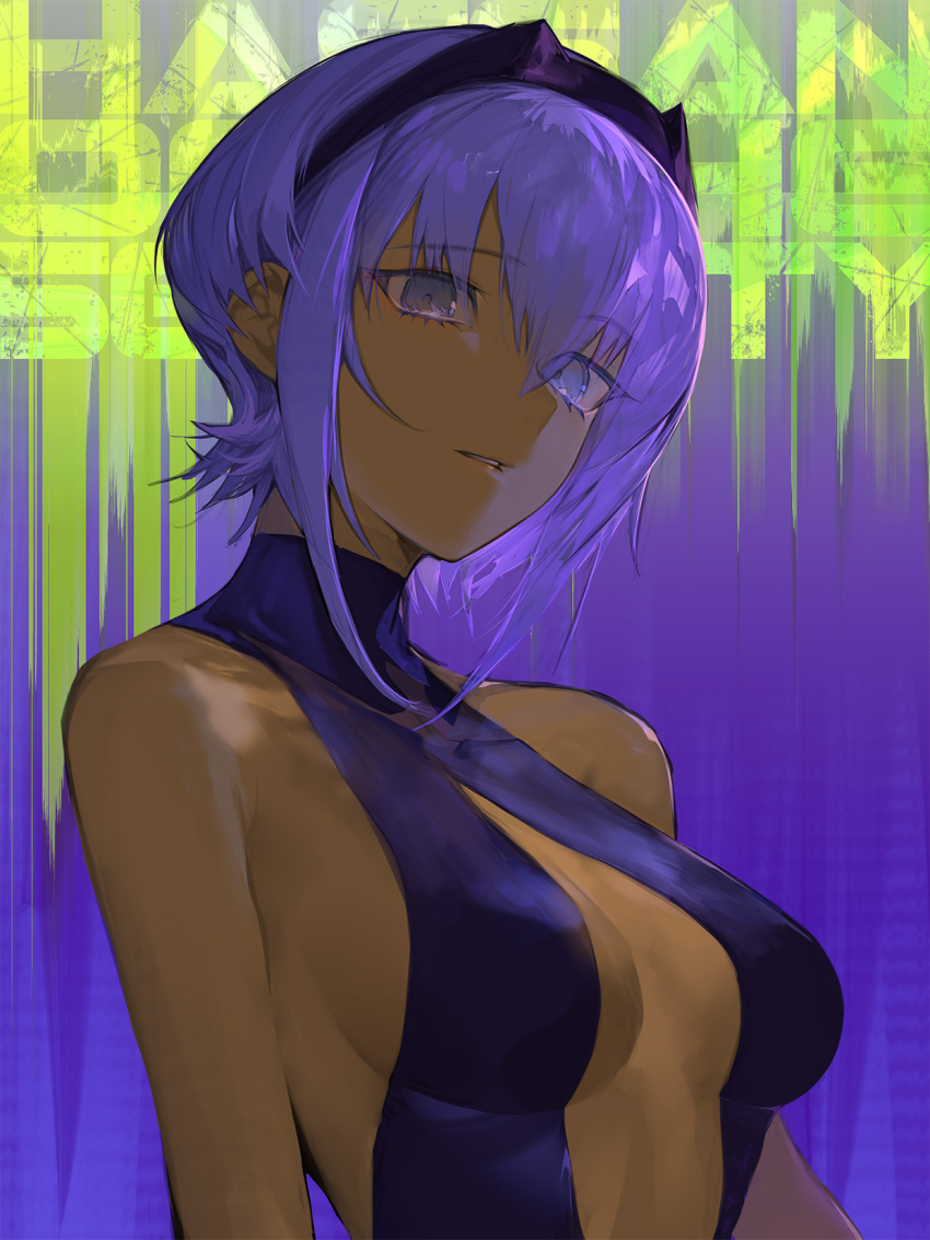 1girl bare_shoulders breasts dark-skinned_female dark_skin fate/grand_order fate/prototype fate_(series) hair_between_eyes hairband hassan_of_serenity_(fate) highres looking_at_viewer medium_breasts parted_lips purple_hair short_hair solo suzuhi_(fullprayer) upper_body