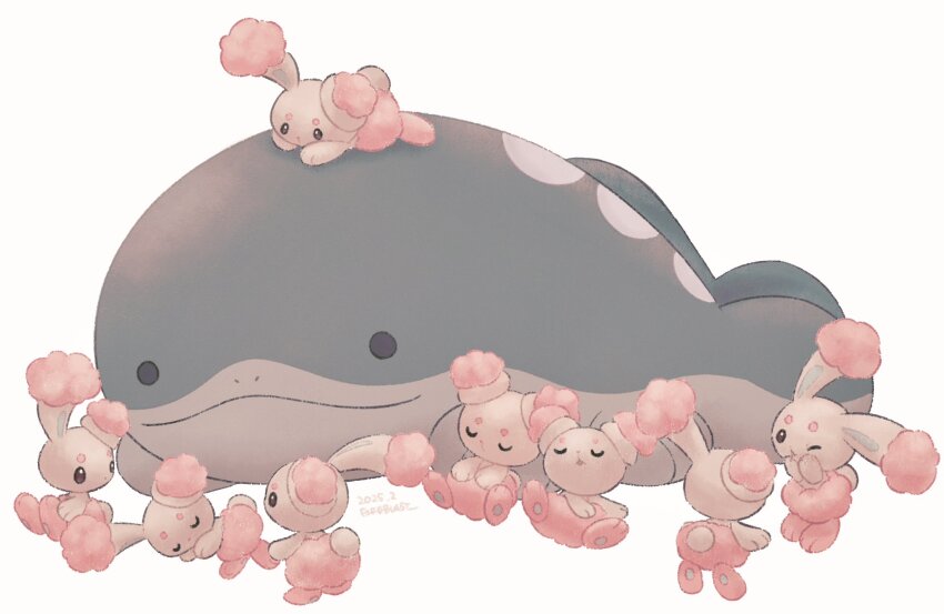alternate_color arms_up black_eyes buneary clodsire closed_eyes closed_mouth fireblast gen_4_pokemon highres looking_at_another lying nintendo official_alternate_color on_head on_side on_stomach one_eye_closed open_mouth pokemon pokemon_(creature) shiny_pokemon simple_background sitting sleeping standing white_background