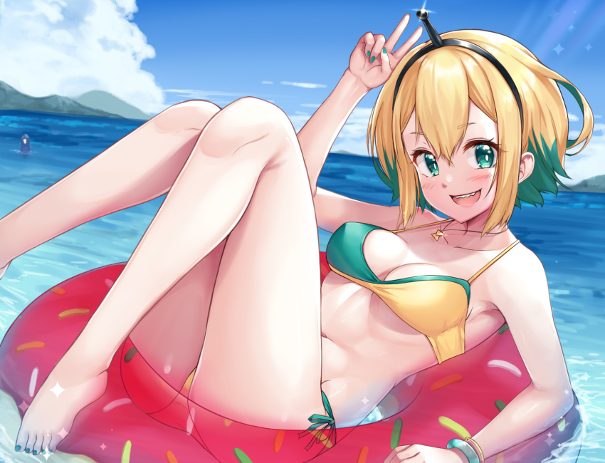 1girl :d amano_pikamee aqua_eyes aqua_hair aqua_nails bare_legs barefoot bikini black_hairband blonde_hair blue_sky bracelet breasts cleavage day donut_innertube finger_to_mouth fingerless_gloves gloves gyari_(bird) hair_between_eyes hairband highres innertube jewelry medium_breasts multicolored_bikini multicolored_hair nail_polish navel necklace ocean open_mouth outdoors sharp_teeth short_hair side-tie_bikini_bottom sky smile solo swim_ring swimsuit teeth tenneko_yuuri toenail_polish toenails two-tone_bikini two-tone_hair v virtual_youtuber voms water when_you_see_it