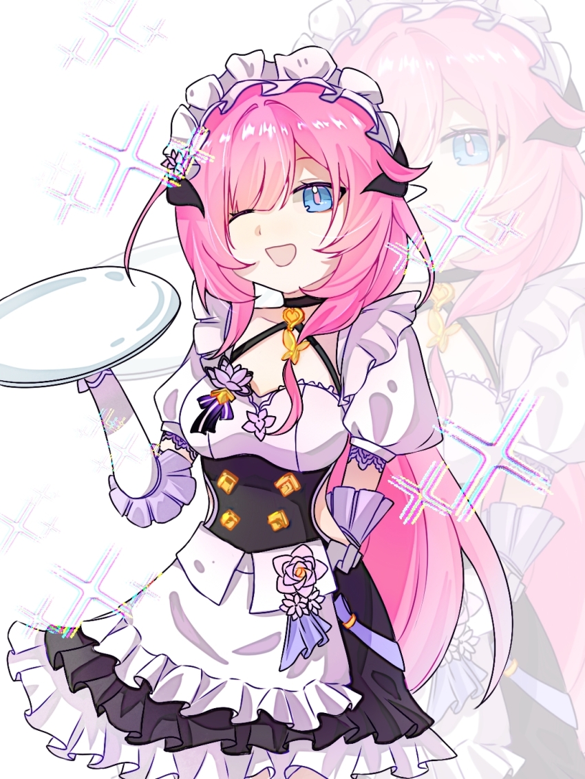 1girl ;) apron black_dress blue_eyes breasts chinese_commentary commentary_request darling16795 dress elf elysia_(honkai_impact) elysia_(miss_pink)_(honkai_impact) elysia_(miss_pink_elf)_(honkai_impact) fake_horns gloves highres holding holding_plate honkai_(series) honkai_impact_3rd horns long_hair maid maid_apron maid_headdress official_alternate_costume one_eye_closed open_mouth pink_hair plate pointy_ears puffy_short_sleeves puffy_sleeves short_sleeves smile solo white_background white_gloves zoom_layer