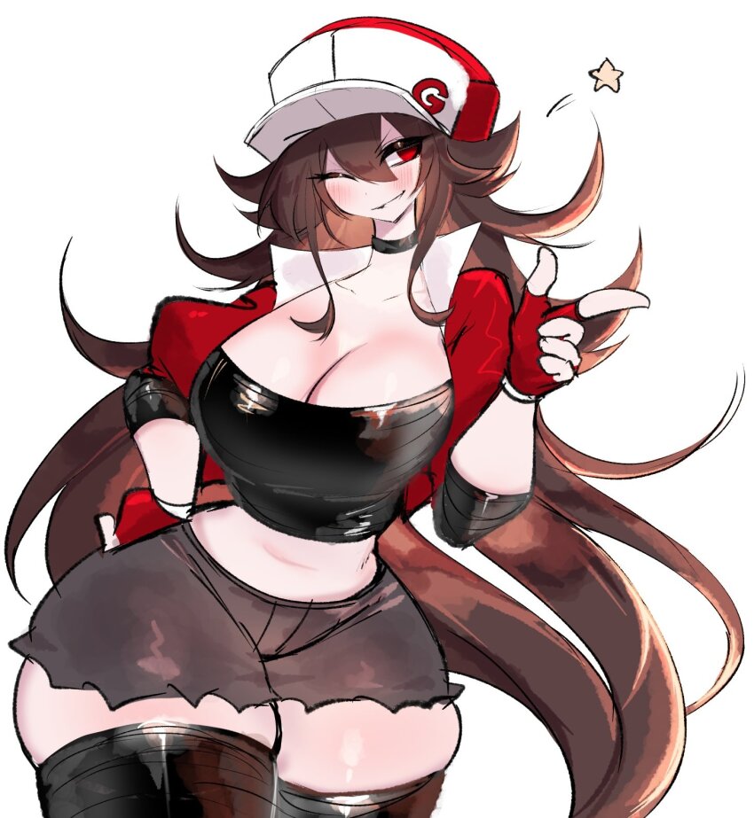 baseball_cap breasts brown_hair choker cleavage cosplay creatures_(company) crop_top friday_night_funkin&#039; game_freak girlfriend_(friday_night_funkin&#039;) hand_on_own_hip hat highres jacket large_breasts long_hair messy_hair midriff navel nintendo one_eye_closed open_clothes open_jacket pokemon red_eyes red_jacket seductive_smile shorts smile star_(symbol) thick_thighs thighhighs thighs usa37107692 very_long_hair wide_hips wink zettai_ryouiki