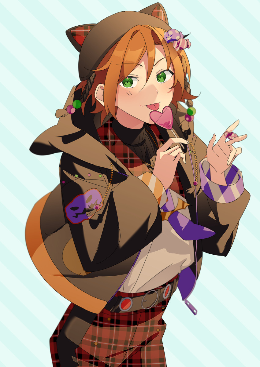 1boy :p absurdres animal_ear_headwear animal_ears aoi_yuta asymmetrical_sleeves beanie belt between_fingers bishounen black_belt black_hat black_hoodie blue_background candy candy_hair_ornament cat_ears diagonal-striped_background ensemble_stars! fake_animal_ears food food-themed_hair_ornament green_eyes hair_between_eyes hair_ornament hands_up hat hat_tassel heart heart-shaped_food heart-shaped_lollipop heidbd highres holding holding_candy holding_food holding_lollipop hood hood_down hoodie lapels layered_clothes leaning_forward licking lollipop looking_at_viewer male_focus mismatched_sleeves necktie o-ring o-ring_belt open_clothes open_hoodie orange_hair pants plaid_clothes plaid_collar plaid_pants purple_necktie shaped_lollipop shirt_tucked_in sideways_glance standing striped_background three_quarter_view tongue tongue_out wrapped_candy zipper