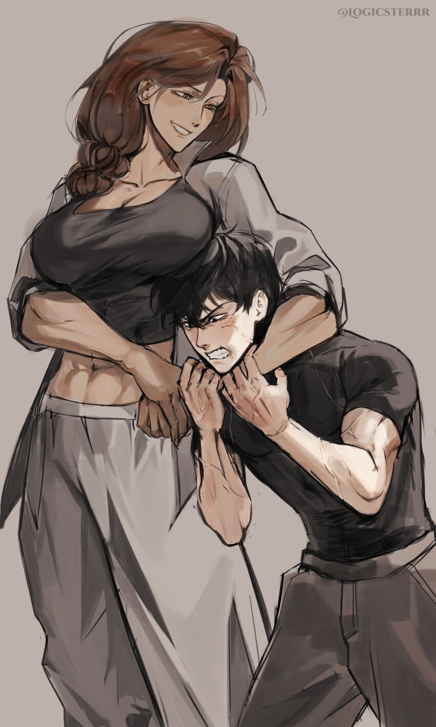 1boy 1girl :d abs absurdres arm_around_neck armlock black_hair black_shirt braid breast_rest breasts breasts_on_head brown_eyes brown_hair cleavage clenched_teeth cowboy_shot effie_(shadow_slave) furrowed_brow grin height_difference hetero highres logicsterrr looking_at_another muscular muscular_female muscular_male open_mouth serious shadow_slave shirt short_hair sleeves_rolled_up smile stomach sunny_(shadow_slave) teeth veins