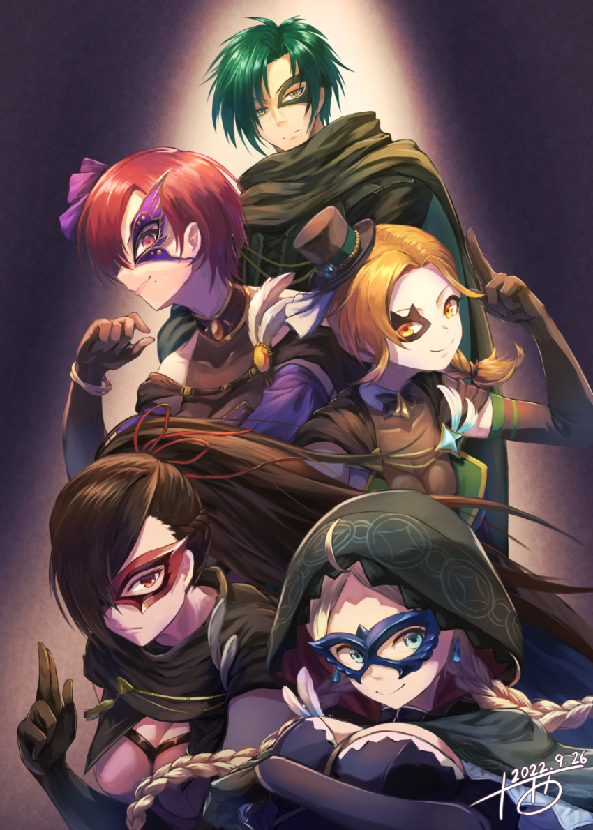 1boy 4girls ahoge blue_eyes braid breasts brown_eyes brown_hair cath_(fire_emblem) cath_(thief)_(fire_emblem) closed_mouth commission earrings eye_mask fire_emblem fire_emblem:_radiant_dawn fire_emblem:_the_binding_blade fire_emblem:_the_blazing_blade fire_emblem_fates fire_emblem_heroes green_hair grey_hair hair_over_one_eye hat highres hood hood_up jewelry juunishi_aya kagero_(fire_emblem) kagero_(thief)_(fire_emblem) large_breasts leila_(fire_emblem) leila_(thief)_(fire_emblem) long_hair looking_at_viewer low_twintails medium_breasts multiple_girls nina_(fire_emblem) nina_(thief)_(fire_emblem) nintendo orange_eyes orange_hair parted_bangs ponytail red_eyes red_hair skeb_commission smile sothe_(fire_emblem) sothe_(thief)_(fire_emblem) top_hat twin_braids twintails yellow_eyes