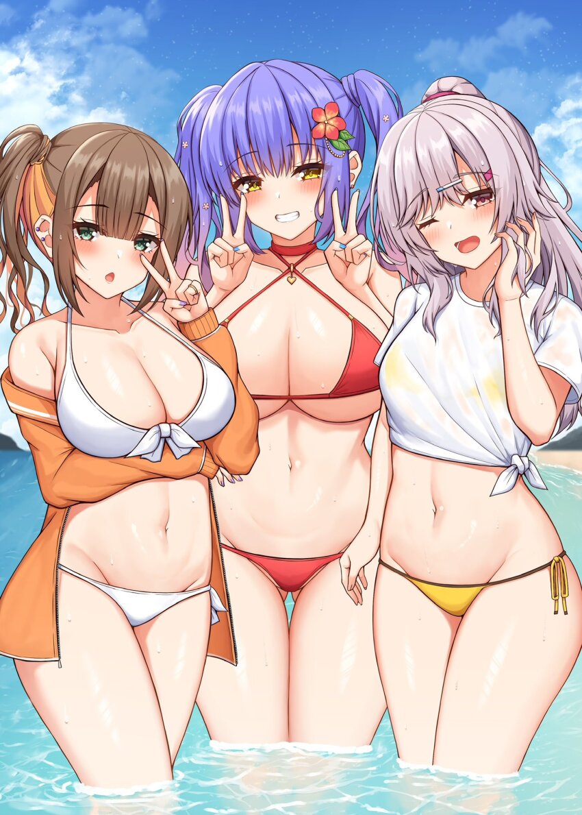 3girls :d :o ;d alternate_costume arm_under_breasts bare_shoulders bikini blue_hair blue_nails blue_sky blunt_bangs blush breasts brown_hair cardigan center-flap_bangs choker cleavage collarbone commentary criss-cross_halter curvy day double_v earrings eyelashes eyes_visible_through_hair feet_out_of_frame flower gluteal_fold green_eyes grey_hair grin groin gyaru hair_between_eyes hair_flower hair_ornament hairclip halterneck hand_up hands_up happy heart highres jewelry kinoshita_kaede kohibari_kurumi large_breasts leaf_hair_ornament long_hair looking_at_viewer multicolored_hair multiple_girls nail_polish navel one_eye_closed open_cardigan open_clothes open_mouth orange_cardigan orange_hair outdoors ponytail purple_nails red_choker red_eyes red_flower ryakusun shiny_skin shiraishi_chika shirt short_sleeves side-by-side side-tie_bikini_bottom side_ponytail sidelocks sky sleeves_past_wrists small_breasts smile standing stomach stud_earrings swimsuit tenshi_souzou_re-boot! thigh_gap thighs tsurime twintails two-tone_hair v wading water wet wet_hair white_bikini white_shirt yellow_eyes yellow_nails