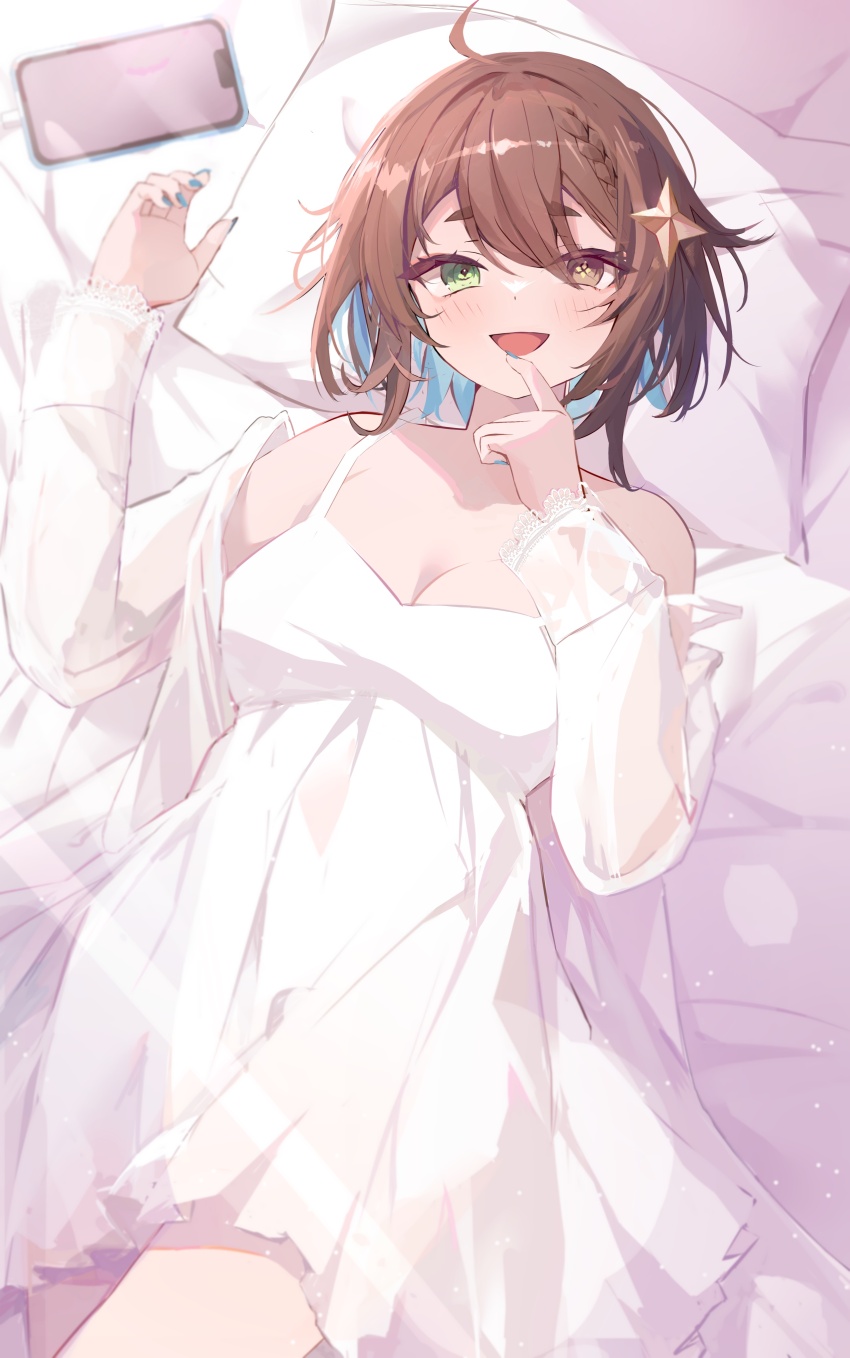 1girl :d absurdres ahoge alternate_costume bed_sheet blue_hair blue_nails blush braid breasts brown_eyes brown_hair cellphone cleavage colored_inner_hair cross-shaped_pupils dress eyes_visible_through_hair finger_to_mouth green_eyes hair_ornament hands_up heterochromia highres indie_virtual_youtuber jacket lace-trimmed_sleeves lace_trim large_breasts light_blue_hair light_blush light_particles light_rays looking_at_viewer lying medium_hair meica_(vtuber) messy_hair mismatched_pupils multicolored_hair off_shoulder on_back on_bed open_mouth phone pillow see-through_clothes see-through_jacket single_braid sleeveless sleeveless_dress smartphone smile solo sprout-shaped_pupils star_(symbol) star_hair_ornament sundress swept_bangs symbol-shaped_pupils tamago_nezumi thick_eyebrows two-tone_hair virtual_youtuber white_dress white_jacket