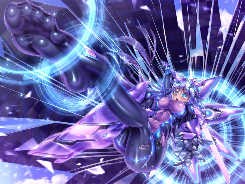 armor black_bodysuit bodysuit choujigen_game_neptune commentary gauntlets highres holding holding_sword holding_weapon long_hair neptune_(series) next_purple oooqqq purple_heart_(neptunia) shin_jigen_game_neptune_vii skin_tight soles sword symbol-shaped_pupils transformation weapon