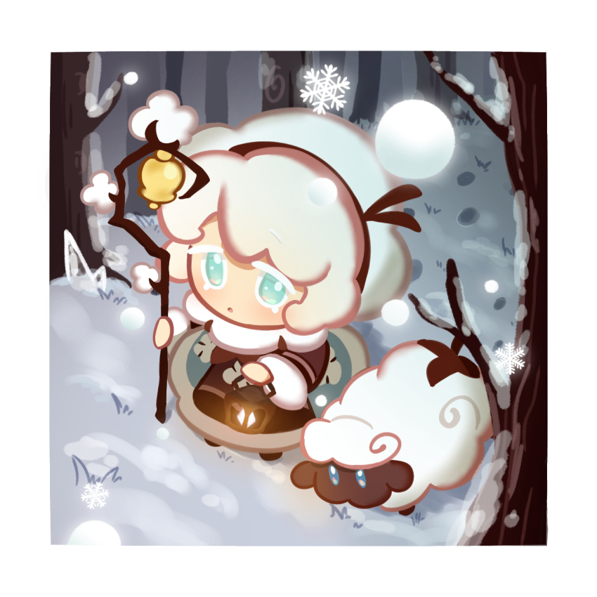 1girl :o animal asymmetrical_bangs asymmetrical_hair bell blue_dress blue_eyes bob_cut bonnet boots branch brown_capelet brown_dress brown_footwear brown_ribbon capelet commentary cookie_run cotton_ball cotton_cookie dbrs dress emblem forest full_body fur-trimmed_collar fur-trimmed_dress fur-trimmed_sleeves fur_trim highres holding holding_branch holding_lantern lantern light long_sleeves looking_ahead multicolored_dress nature parted_lips raised_eyebrows ribbon sheep shepherd short_hair snow snowflakes snowing spade_(shape) spade_print standing tagme tree vintage white_background white_bonnet white_hair woods