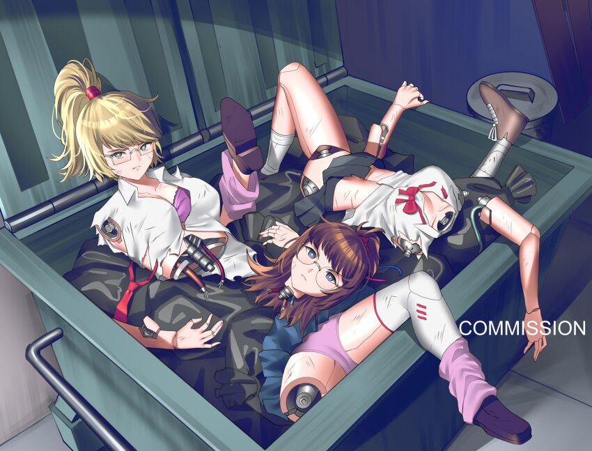 2girls black_skirt blonde_hair blue_skirt blunt_bangs bow bowtie bra broken brown_hair cameltoe clothed_robot commission dismemberment highres humanoid_robot in_container in_trash_can joints loafers looking_at_viewer mechanical_arms multiple_girls necktie original panties pink_bra pink_panties ponytail rd49 red_bow red_bowtie red_necktie robot robot_girl robot_joints shirt shoes skirt swept_bangs trash trash_bag trash_can underwear white_shirt