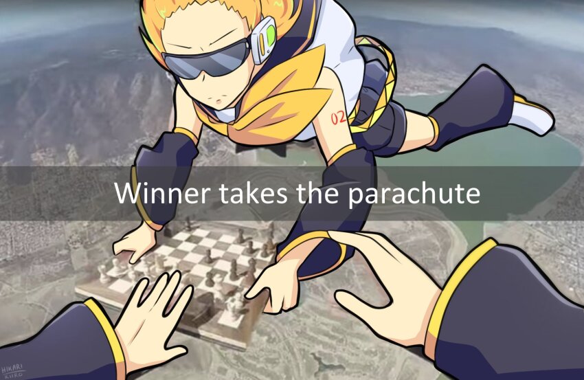 1boy 1girl arm_warmers artist_name black_leg_warmers black_shorts blonde_hair board_game chess chess_piece chessboard commentary concentrating english_commentary english_text falling forehead goggles headphones highres hikarikiiro kagamine_len kagamine_rin lake leg_warmers light_frown meme neckerchief number_tattoo photo-referenced photo_background pov pov_hands serious shirt short_hair shorts shoulder_tattoo sleeveless sleeveless_shirt split_mouth tattoo v-shaped_eyebrows vocaloid white_footwear wind winner_gets_the_parachute_(meme) yellow_neckerchief