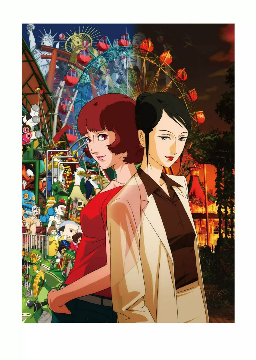2girls amusement_park anatomical_model back-to-back black_hair border brown_eyes buddha chiba_atsuko cowboy_shot doll dual_persona earrings fading female_focus ferris_wheel formal_clothes freckles frog grey_eyes hair_bun highres jewelry kon_satoshi lipstick makeup multiple_girls paprika paprika_(character) red_hair red_shirt shirt short_hair sidelocks single_hair_bun standing statue_of_liberty suit t-shirt transparent white_border