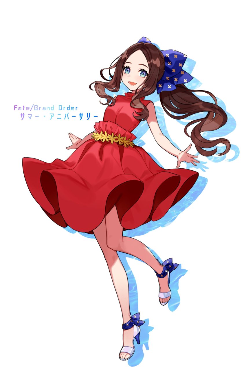 1girl absurdres blue_bow blue_eyes blush bow breasts brown_hair dress fate/grand_order fate_(series) forehead full_body hair_bow high_heels highres leonardo_da_vinci_(fate) leonardo_da_vinci_(fate/grand_order) leonardo_da_vinci_(rider)_(fate) leonardo_da_vinci_(summer_anniversary)_(fate) long_hair looking_at_viewer open_mouth parted_bangs ponytail red_dress sandals small_breasts smile solo yuu_(higashi_no_penguin)