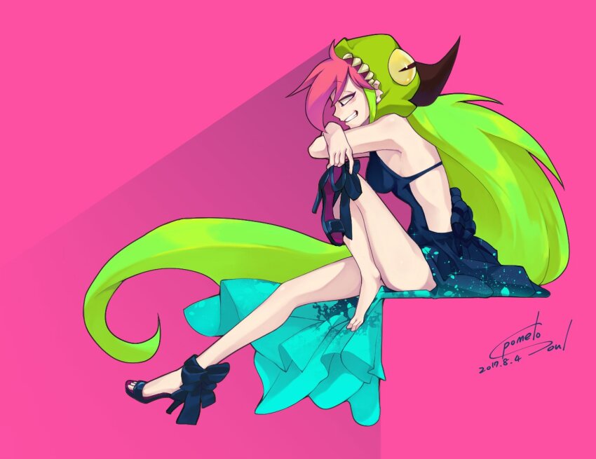 breasts demencia dress green_hair high_heels long_hair multicolored_hair one_shoe_removed pomelo_soul villainous