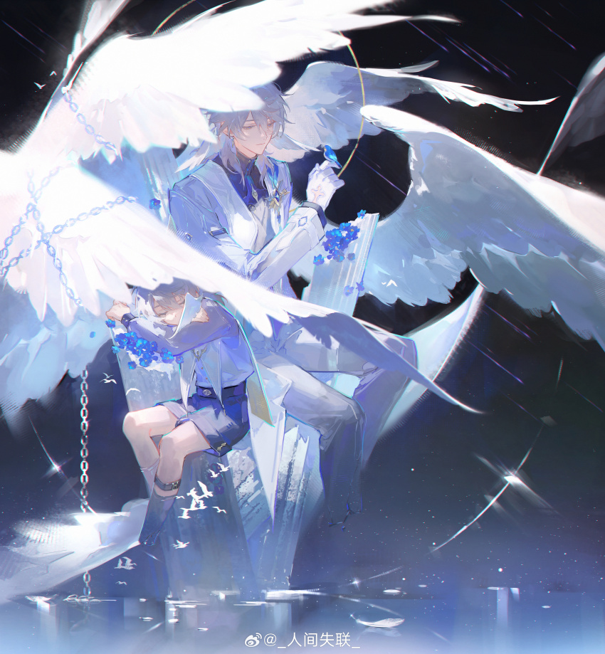 1boy 1girl absurdres artist_name bird bird_on_hand blue_bird blue_flower blue_shirt blue_shorts chain character_request chinese_commentary closed_mouth commentary_request cropped_legs flower formal_clothes gloves highres honkai:_star_rail honkai_(series) jacket long_hair long_sleeves looking_at_animal renjian_shilian shirt shooting_star shorts sitting suit suit_jacket sunday_(honkai:_star_rail) white_gloves white_hair white_jacket white_shirt white_suit white_wings wings