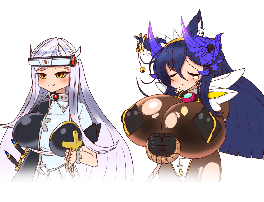 2girls absurdly_long_hair animal_ears bdsm black_hair black_lilith_(last_origin) blush bodystocking bondage bound braid breasts cat_ears cat_girl cat_tail empty_eyes gigantic_breasts hair_between_eyes hair_ornament hairband highres huge_claws jingle_bell_earrings large_breasts last_origin lee_on_(user_whtk2423) long_hair maid_headdress mole mole_under_mouth multiple_braids multiple_girls official_alternate_costume pasties poi_(last_origin) rope smile tail torn_bodystocking torn_clothes tri_braids very_long_hair white_hair yellow_eyes