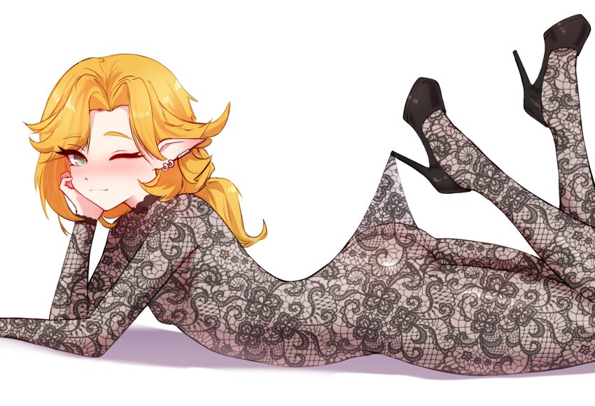 1girl ass black_pantyhose black_shoes blonde_hair blush breasts cgator closed_mouth commentary dokibird ear_piercing english_commentary high_heels highres indie_virtual_youtuber lace_pantyhose_hooked_on_heel_(meme) long_hair looking_at_viewer meme nipples no_bra no_panties one_eye_closed pantyhose piercing pointy_ears shoes simple_background small_breasts smile solo virtual_youtuber white_background