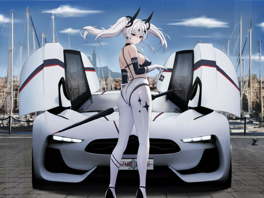 1girl absurdres alternate_costume architecture ass azur_lane backless_outfit bare_back bare_shoulders black_bodysuit black_gloves boat bodysuit breasts brick_road car cathedral character_name charm_(object) checkered_clothes citroen closed_umbrella cloud cloudy_sky copyright_name day detached_collar elbow_gloves eyeliner france from_behind full_body gloves greco-roman_architecture gt_by_citroen hair_ornament halterneck hand_up harbor high_heels highleg highres holding holding_key holding_umbrella joffre_(azur_lane) kcar66t key leggings license_plate long_hair looking_at_viewer looking_back makeup marina marseille medium_breasts midriff motor_vehicle mountainous_horizon multicolored_bodysuit notre_dame_de_la_garde old_port_of_marseille outdoors pantyhose product_placement race_queen real_world_location red_eyeliner sailboat shoulder_blades sideboob skin_tight sky solo sports_car thighs tight_clothes twintails two-tone_bodysuit two-tone_gloves umbrella vichya_dominion_(emblem) watercraft white_bodysuit white_footwear white_gloves white_hair white_leggings white_pantyhose