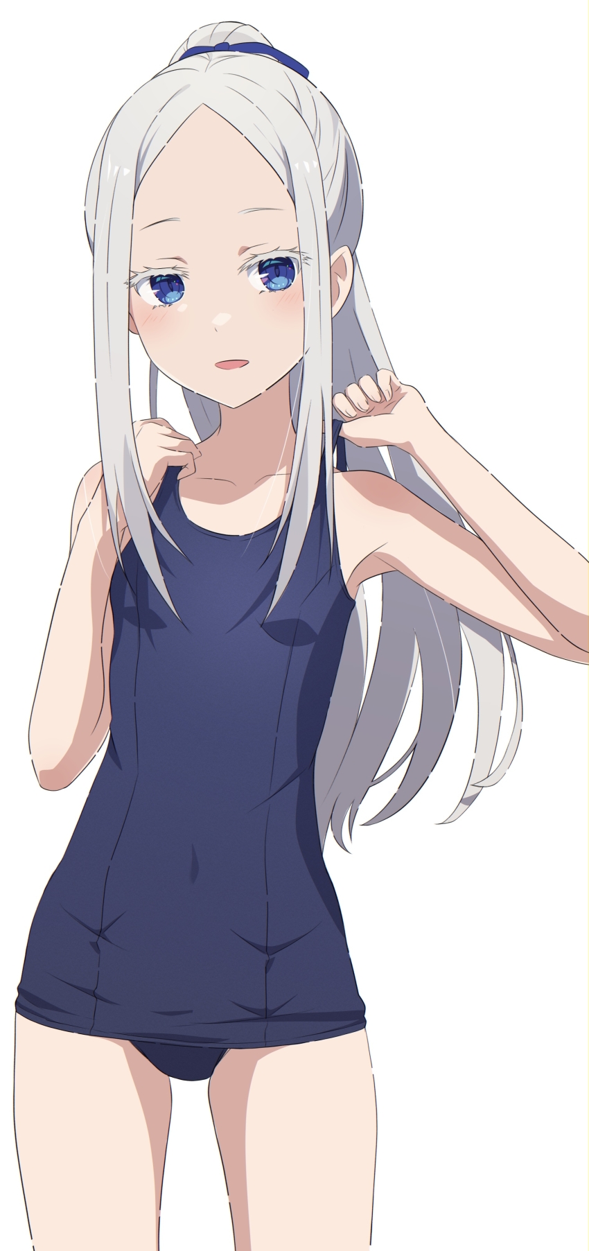 1girl absurdres adjusting_clothes adjusting_swimsuit bikini blue_eyes blue_one-piece_swimsuit blue_ribbon breasts colored_eyelashes grey_hair hair_ribbon highres long_hair looking_at_viewer na-suke old_school_swimsuit one-piece_swimsuit pandora_(re:zero) parted_bangs re:zero_kara_hajimeru_isekai_seikatsu ribbon school_swimsuit simple_background small_breasts smile solo swimsuit thighs white_background