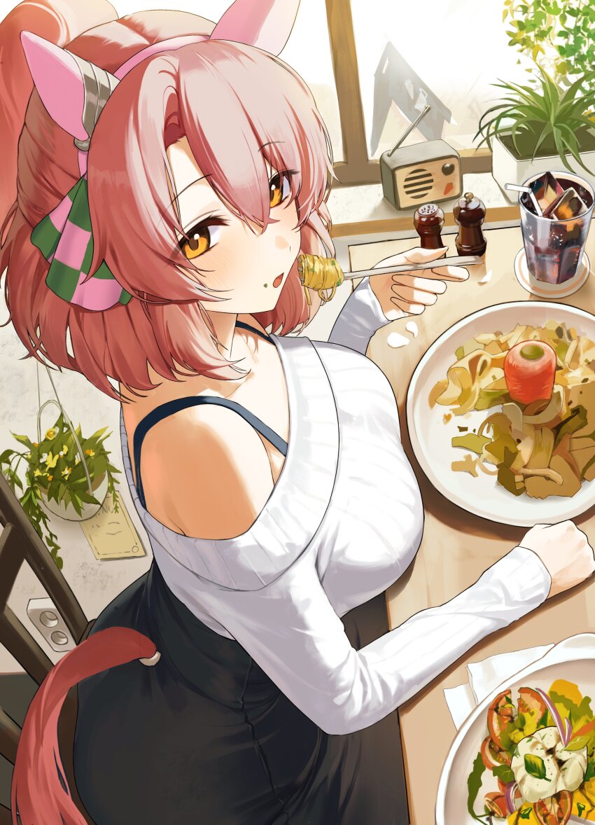 1girl absurdres animal_ears bare_shoulders bbungbbang_(koen46) blush bow breasts carrot checkered_ribbon dantsu_flame_(umamusume) drink drinking_straw ear_covers ear_ribbon eating food food_on_face fork green_ribbon highres holding holding_fork horse_ears horse_girl horse_tail indoors large_breasts long_sleeves off-shoulder_sweater off_shoulder open_mouth orange_eyes pepper_shaker pink_ribbon radio ribbon salt_shaker solo spaghetti_strap sweater table tail umamusume white_sweater