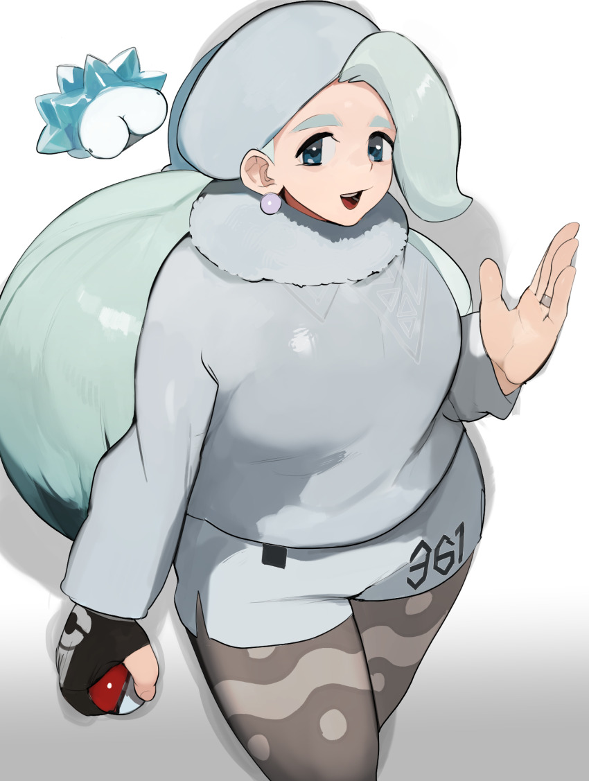 1girl :d aqua_hair arm_at_side black_gloves blue_eyes breasts earrings fur_scarf gen_8_pokemon gloves gradient_background grey_pantyhose hand_up hat highres holding holding_poke_ball jewelry long_hair long_sleeves mature_female melony_(pokemon) nintendo number_print open_mouth pantyhose pantyhose_under_shorts partially_fingerless_gloves pearl_earrings poke_ball poke_ball_(basic) pokemon pokemon_(creature) pokemon_swsh raichiyo ring scarf shorts side_slit side_slit_shorts single_glove smile snom sweater tareme teeth ushanka wedding_ring white_hat white_scarf white_shorts white_sweater