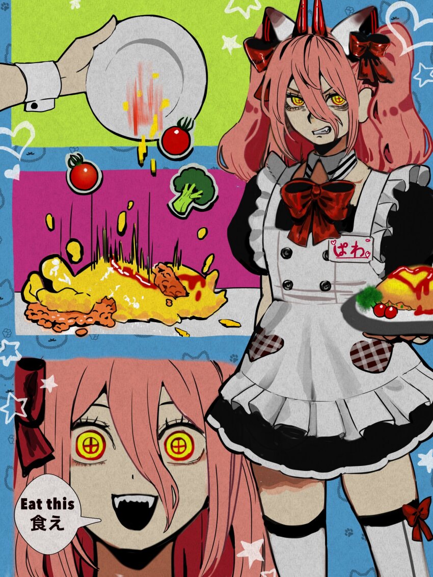 1girl alternate_costume animal_ears apron black_dress broccoli cat_ears chainsaw_man cherry_tomato commentary_request cross-shaped_pupils detached_collar dress enmaided fake_animal_ears food hair_between_eyes highres holding holding_plate horns long_hair long_hair_between_eyes maid maid_apron mixed-language_text mojiba7 omelet omurice open_mouth pink_hair plate power_(chainsaw_man) red_horns red_ribbon ribbon solo speech_bubble symbol-shaped_pupils thighhighs tomato twintails white_apron white_thighhighs wrist_cuffs yellow_eyes