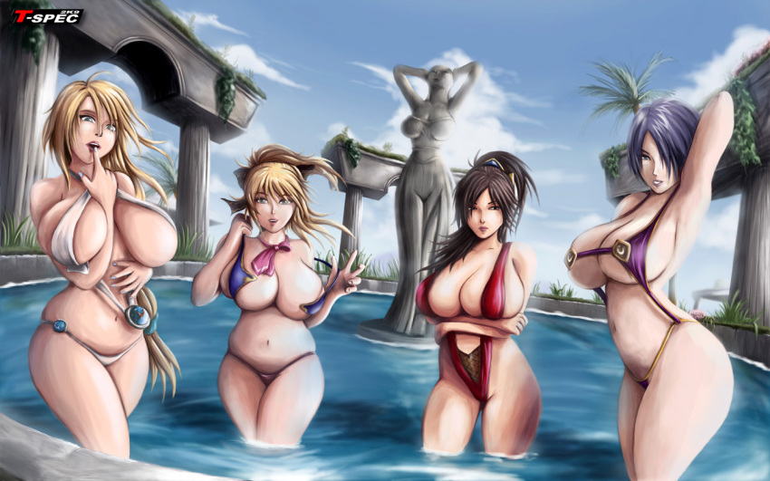 00s 2009 4girls adapted_costume bikini black_hair blonde_hair blonde_twist blue_sky breasts brown_hair cassandra_alexandra crossed_arms curvy day fountain green_eyes hair_over_one_eye huge_breasts isabella_valentine lips long_hair micro_bikini multiple_girls narrow_waist plump ponytail short_hair sideboob skindentation sky slingshot_swimsuit smile sophitia_alexandra soul_calibur soulcalibur soulcalibur_iv statue swimsuit t-spec taki_(soulcalibur) underboob undressing water white_hair wide_hips