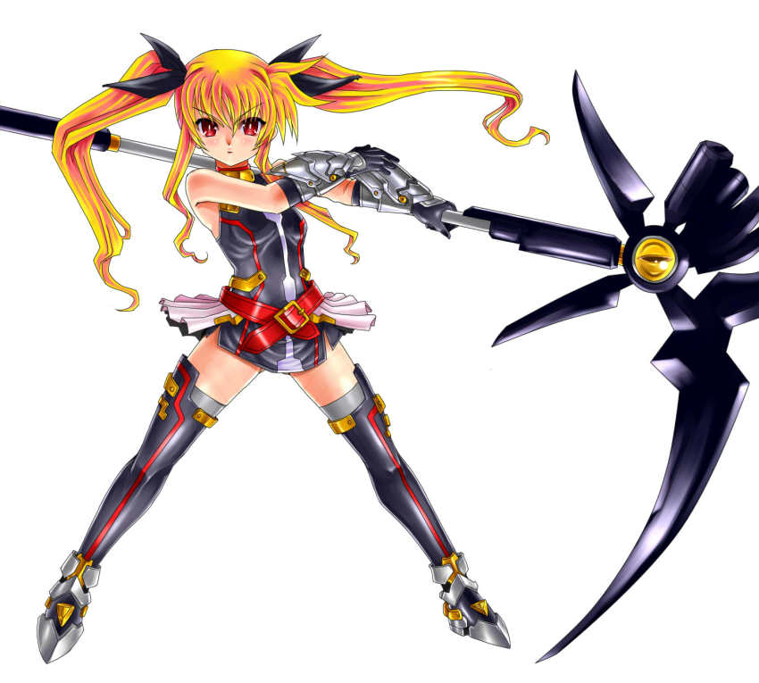 1girl bardiche_(nanoha) bardiche_(scythe_form)_(nanoha) bare_shoulders belt black_bow black_dress black_thighhighs blonde_hair bow breasts buckle commentary_request dress fate_testarossa fate_testarossa_(blaze_form) female_focus floating_hair full_body gao_(naodayo) gauntlets hair_between_eyes hair_bow highres holding holding_polearm holding_scythe holding_weapon long_hair looking_at_viewer loose_belt lyrical_nanoha magical_girl mahou_shoujo_lyrical_nanoha mahou_shoujo_lyrical_nanoha_a&#039;s mahou_shoujo_lyrical_nanoha_the_movie_2nd_a&#039;s polearm red_belt red_eyes scythe short_dress showgirl_skirt sidelocks simple_background sleeveless sleeveless_dress small_breasts solo standing thighhighs twintails v-shaped_eyebrows very_long_hair weapon white_background