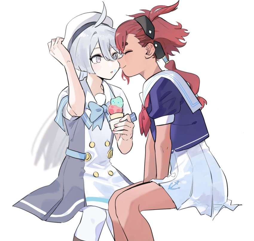 2girls arm_up black_hairband blue_shirt closed_eyes closed_mouth contemporary dark-skinned_female dark_skin dress food food_on_face forehead-to-forehead grey_dress grey_eyes gundam gundam_suisei_no_majo hairband heads_together highres holding holding_food holding_ice_cream ice_cream ice_cream_cone knightym22 long_hair miorine_rembran multiple_girls neckerchief parted_lips pleated_skirt red_hair red_neckerchief sailor_collar school_uniform serafuku shirt short_sleeves simple_background sitting skirt smile suletta_mercury two-tone_dress white_background white_dress white_hair white_sailor_collar white_skirt yuri