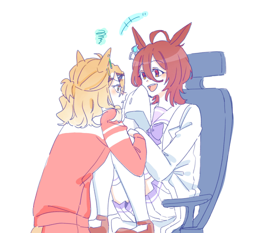 +++ 2girls absurdres agnes_tachyon_(umamusume) animal_ears bow brown_hair brown_shoes chair eye_contact hair_between_eyes highres horse_ears horse_girl horse_tail jacket jungle_pocket_(umamusume) lab_coat looking_at_another multiple_girls office_chair on_chair open_clothes pants pleated_skirt profile purple_bow red_eyes red_jacket red_pants school_uniform seila_rei shoes short_hair simple_background sitting skirt squiggle swivel_chair tail thighhighs tracen_school_uniform track_jacket track_pants track_suit umamusume white_background white_skirt white_thighhighs