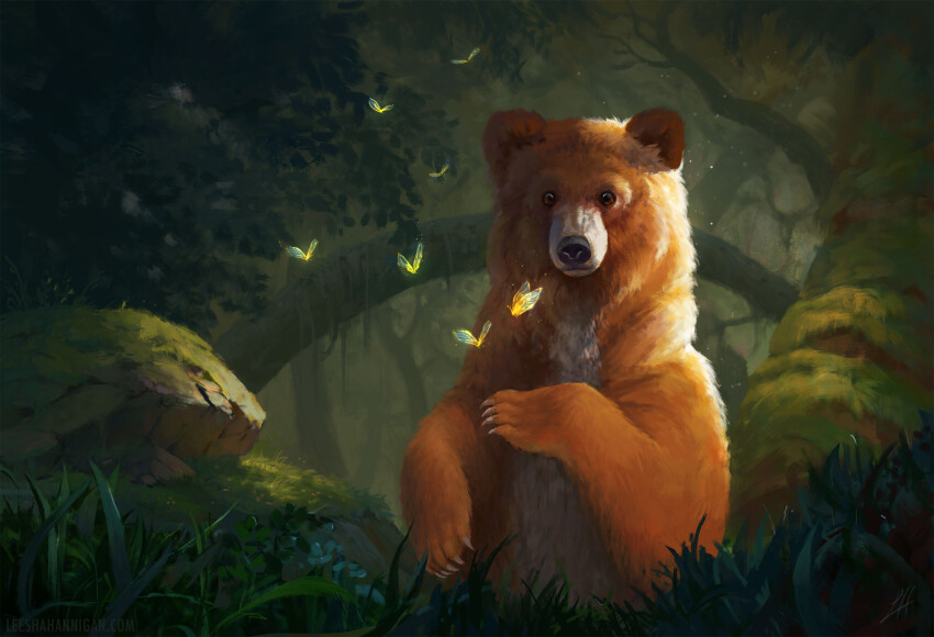 animal_focus bear brown_bear brown_eyes bug butterfly closed_mouth commentary english_commentary forest grass highres insect leesha_hannigan light_particles moss nature no_humans original outdoors solo yellow_butterfly