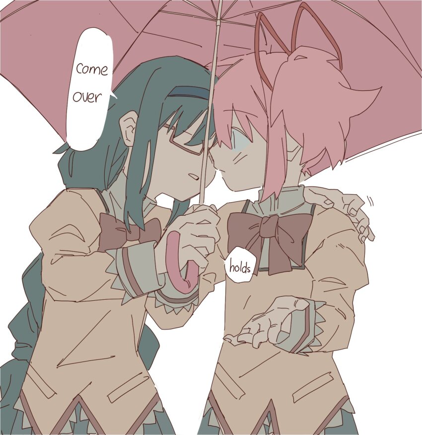 2girls akemi_homura black_hair black_hairband blush bow bowtie braid brown_shirt english_text ezier hair_ribbon hairband hand_on_another&#039;s_shoulder highres holding holding_hands holding_umbrella juliet_sleeves kaname_madoka long_hair long_sleeves looking_at_another mahou_shoujo_madoka_magica mahou_shoujo_madoka_magica_(anime) mitakihara_school_uniform multiple_girls parted_lips pink_umbrella puffy_sleeves red-framed_eyewear red_bow red_bowtie red_ribbon ribbon school_uniform semi-rimless_eyewear shirt short_twintails simple_background speech_bubble twin_braids twintails umbrella under-rim_eyewear white_background yuri