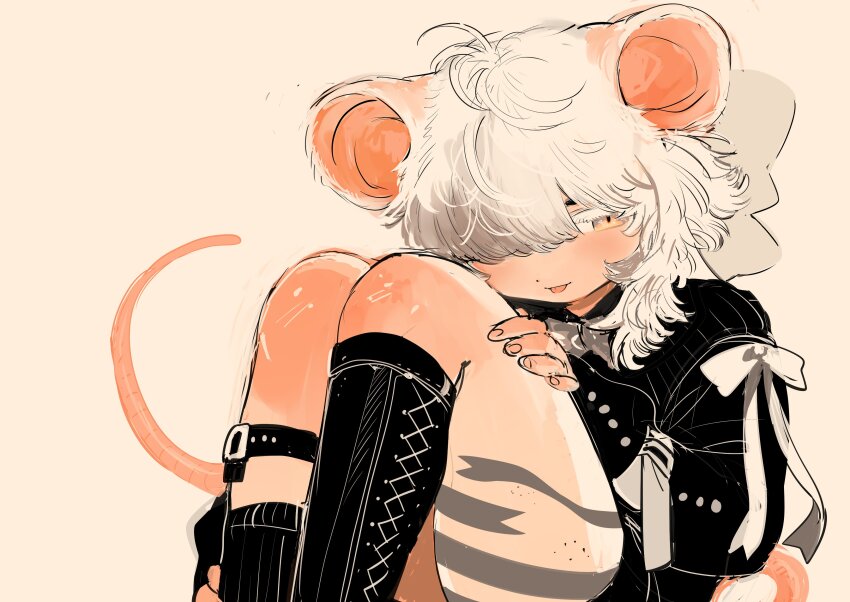 1boy absurdres animal_ears black_footwear black_sweater_vest bow closed_mouth colored_eyelashes commentary_request feet_out_of_frame hair_bow hair_over_one_eye highres long_hair long_sleeves looking_at_viewer male_focus mouse_ears mouse_tail orange_background orange_eyes original shima_(wansyon144) simple_background sitting solo sweater_vest tail tongue tongue_out trap white_hair
