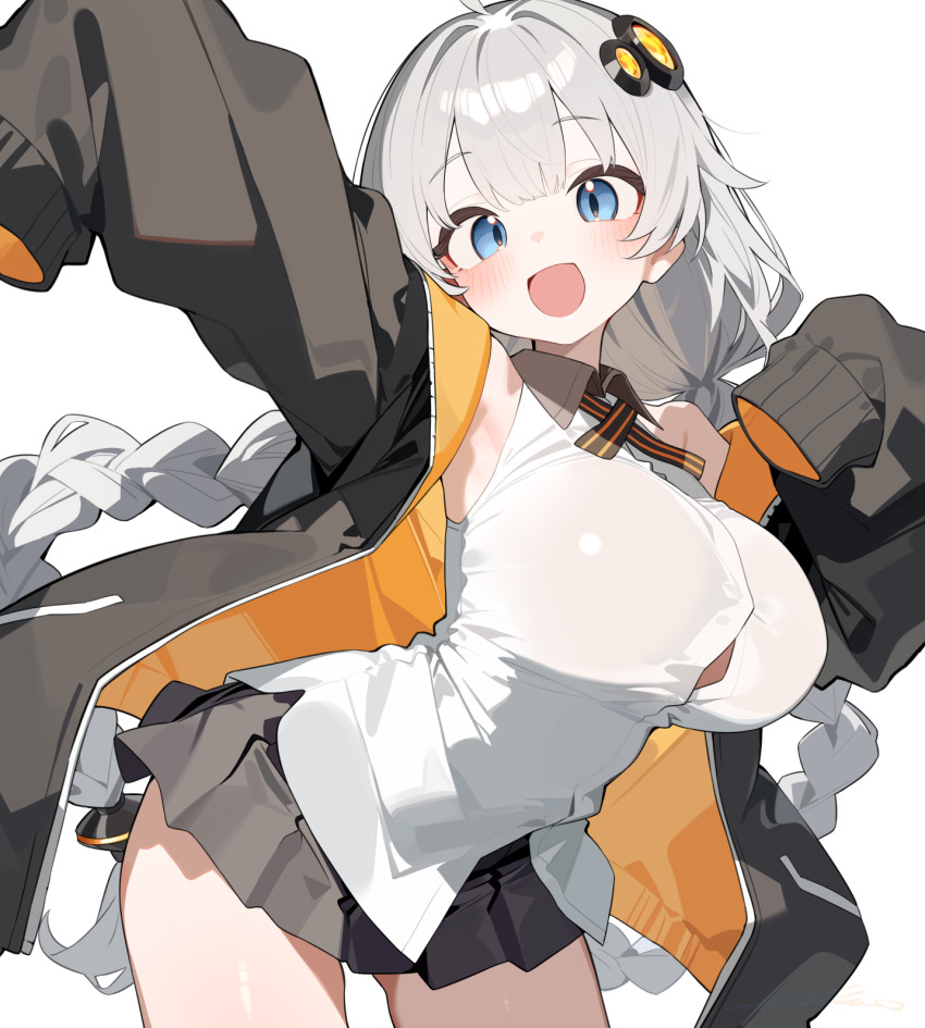 1girl :d black_jacket black_skirt braid button_gap grey_hair highres jacket kizuna_akari long_hair open_mouth overlord_(overlord80000) shirt simple_background skirt sleeves_past_wrists smile solo twin_braids voiceroid white_background white_shirt