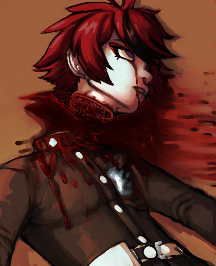 1boy absurdres ahoge black_hair blood blood_from_mouth blood_on_clothes blood_on_face blood_on_ground bloody_tears decapitation highres last_defense_academy_school_uniform male_focus messy_hair multicolored_eyes multicolored_hair nosebleed purple_eyes red_eyes red_hair severed_head solo solo_focus sumino_takumi the_hundred_line_-last_defense_academy- upper_body