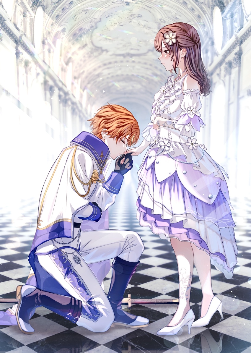 1boy 1girl arm_tattoo bare_shoulders black_boots black_gloves blue_sleeve_cuffs boots brother_and_sister brown_eyes brown_hair capelet checkered_background closed_eyes closed_mouth clothing_cutout collared_capelet commentary_request dress dress_flower fingernails flower flower_tattoo from_side full_body gloves hair_flower hair_ornament high_heel_boots high_heels highres holding_hands indoors jacket knee_boots leg_tattoo light_particles long_hair long_sleeves looking_at_another nhrg806 on_one_knee orange_hair pants parted_lips profile project_sekai puffy_sleeves reflective_floor rose shinonome_akito shinonome_ena shoes short_hair shoulder_cutout siblings standing tattoo three-quarter_sleeves u_u white_capelet white_dress white_flower white_jacket white_pants white_shoes