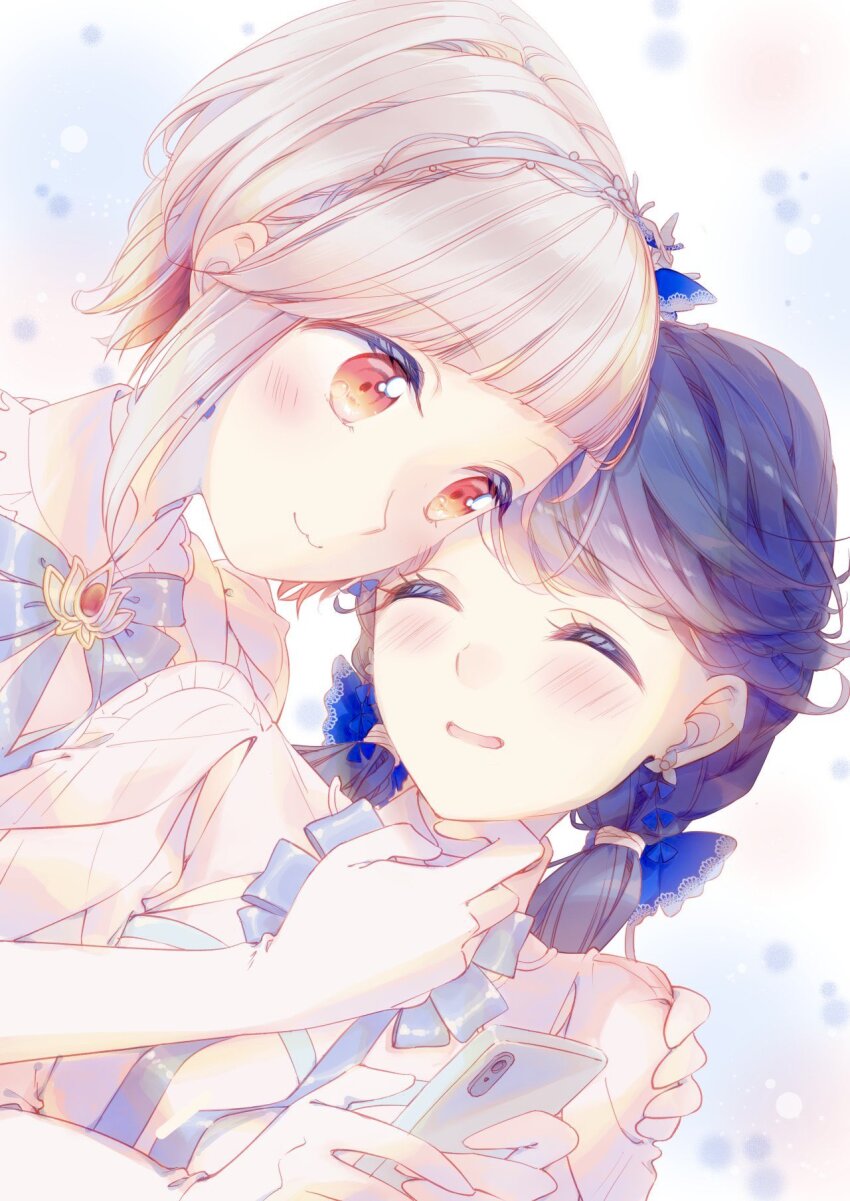 2girls :3 ^_^ aurora_flower_(love_live!) blue_background blue_hair blue_ribbon blush bob_cut closed_eyes closed_mouth commentary_request diagonal_bangs dollchestra hairband hand_on_another&#039;s_chin hand_on_another&#039;s_shoulder highres holding holding_phone inverted_bob link!_like!_love_live! long_hair looking_at_another love_live! low_twintails mimori_(cotton_heart) multiple_girls murano_sayaka neck_ribbon official_alternate_costume parted_lips phone ribbon shirt short_hair smile swept_bangs twintails virtual_youtuber white_hair white_hairband white_shirt yugiri_tsuzuri yuri